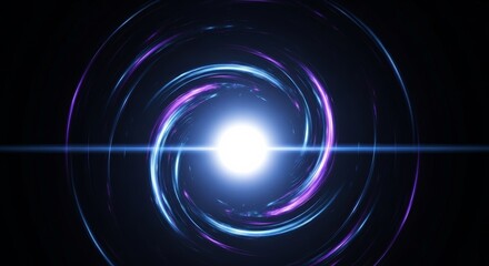 Abstract vortex of light with swirling blue and violet rays emanates from a central point.