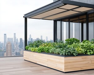 Modern rooftop garden with lush greenery, wooden planter, and city skyline view in the background.