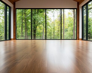 A spacious room with large floor-to-ceiling windows overlooks a lush green forest, featuring natural light and wooden flooring.
