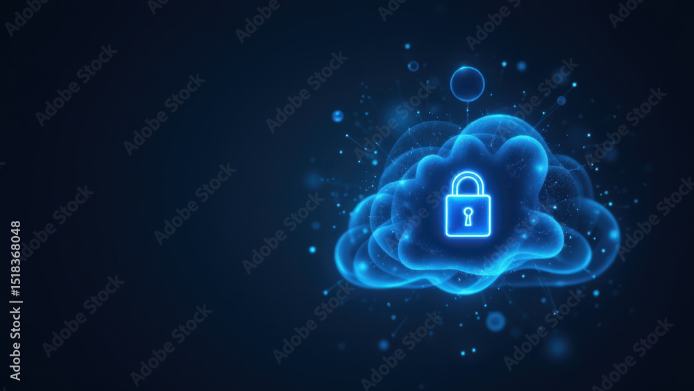 Poster a digital cloud with a padlock symbol, representing secure online data storage and privacy protectio