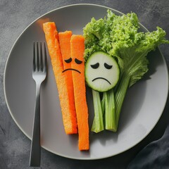 Plate of sad-faced vegetables, including carrots, cucumber, celery, and lettuce, arranged beside a fork on a gray background.