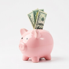 America dollars banknotes money into piggy bank on white background. Saving money wealth and financial concept