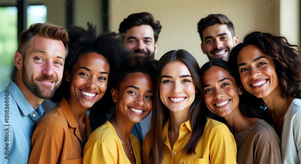Poster group diverse people standing circle smiling looking camera background slightly blurred giving focus
