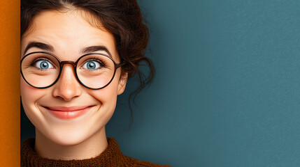 Portrait of a young woman with glasses, smiling, on a blue background with copy space