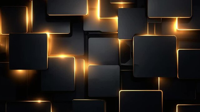 3D matte black tiles pulse with glowing golden edges. Overhead static shot. 4K.
