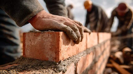 Construction worker laying bricks with mortar on a wall under construction at a building site