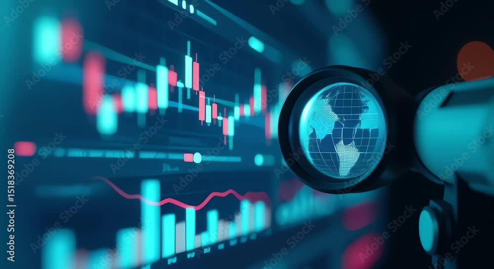 Poster magnifying glass hovering stock market chart computer screen globe foreground blurry background char