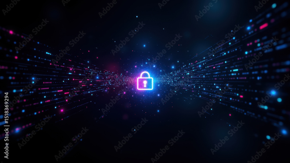 Poster a dynamic digital representation of cybersecurity with a futuristic lock symbol set against a vibran