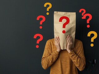 A person wearing a paper bag with a question mark on their head stands amidst multiple colorful question marks on a dark background.
