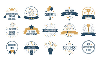 Collection of Achievement and Celebration Badges with Gold and Blue Accents.celebrating success, new beginnings, and milestones, incorporating elements like trophies, crowns, and celebratory