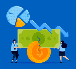 Illustration of a down arrow with people forcibly withdrawing money and damaged cash, symbolizing a broken financial system and economic recession, designed for finance alerts and blogs