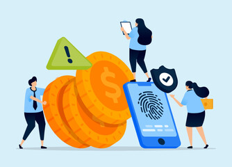 Illustration of mobile apps with fingerprints and warning triangles, symbolizing security systems in fintech and digital banking applications, designed for cybersecurity and fintech apps