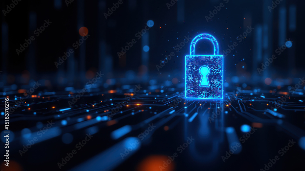 Poster blue glowed computer motherboard with a floating lock symbol, representing internet or data security
