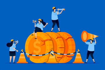 Illustration of damaged money with a yellow cone and rope, symbolizing financial warning and risks from bad investments. Can be used for risk management content, finance blogs, and investor alerts