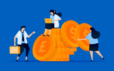 Illustration of people piling up money as a metaphor for saving in finance. Can be used for personal finance blogs, savings apps, and investment platforms