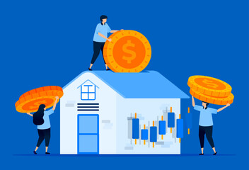 Illustration of house price fluctuations and secondary markets with houses and candlesticks representing mortgage and stock investments, designed for real estate and finance websites