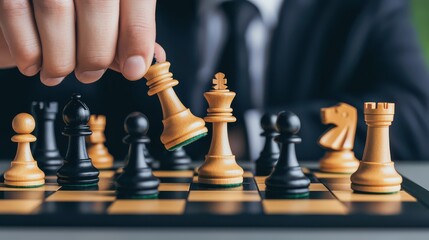 A person in a suit makes a strategic chess move, holding a white king on a black-and-white chessboard.