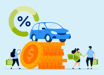 Illustration of cars on piles of money symbolizing down payments and low-interest loans for vehicle financing. Can be used for auto loan platforms, finance blogs, and banking websites.
