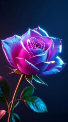 Single Rose Glowing with Vibrant Neon Pink and Blue Light on a Dark Background, 4k