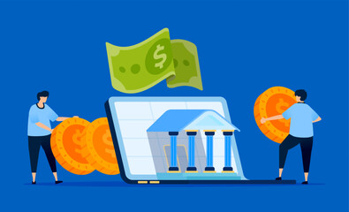 Illustration of fintech and digital banking with laptops emerging from a central bank building, representing modern finance. Can be used for fintech platforms, banking websites, and tech blogs.