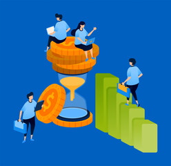 Illustration of an hourglass and upward bar chart symbolizing slowly rising investment over time. Can be used for finance apps, investment blogs, and economic growth reports.