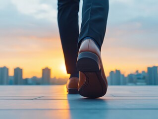 A person in formal shoes walks toward a city skyline at sunrise or sunset, symbolizing ambition and new beginnings.