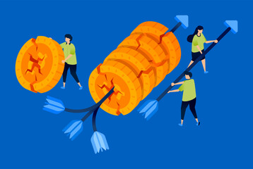 Illustration of arrows destroying coins as metaphors for financial recession or depression, useful for economic reports, finance blogs, market crash alerts, and investment risk guides.