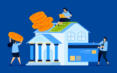 Illustration of a central bank building with people applying for debt and seeking lower loan interest, suitable for banking websites, loan services, and financial education resources.