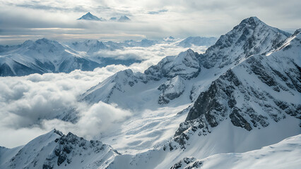Fototapeta premium Panoramic View of Snow-Capped Mountain Range Above Clouds