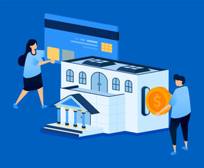 Illustration of a central bank building with people applying for low-interest credit card loans and withdrawing money, designed for banking websites, fintech apps, and loan services