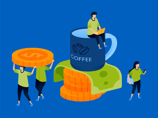 Illustration of the freelance or coffee economy featuring people earning money from freelance work, perfect for gig economy platforms, freelancer blogs, and financial independence campaigns.