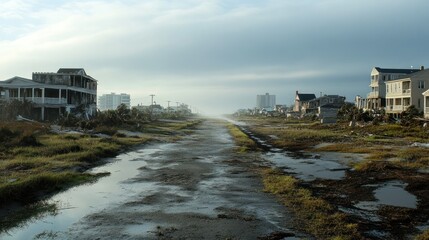 Coastal town after repeated storms destroy infrastructure, background wallpaper AI generated image