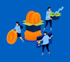Illustration of people sharing charity from investment profits in the financial system, ideal for banking, websites, charity campaigns, and finance apps.