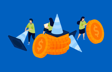 Illustration of piles of coins with warning cones, representing caution signs in the financial system. Perfect for risk management, finance blogs, banking alerts, and economic awareness content.