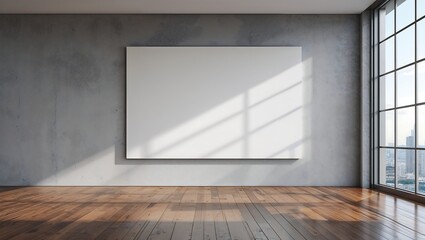 Blank canvas in modern interior with sunlight and city view from a large window