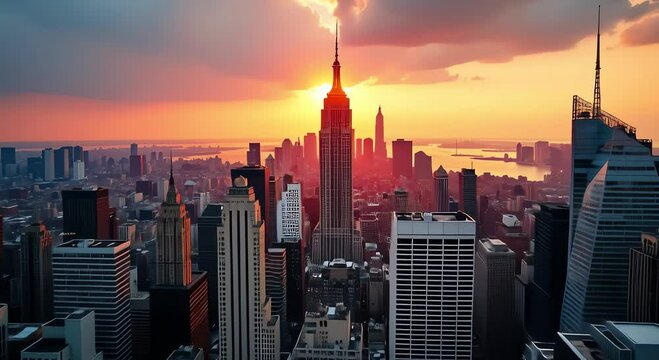 iconic empire state building new york city sunset sky filled clouds sun setting background