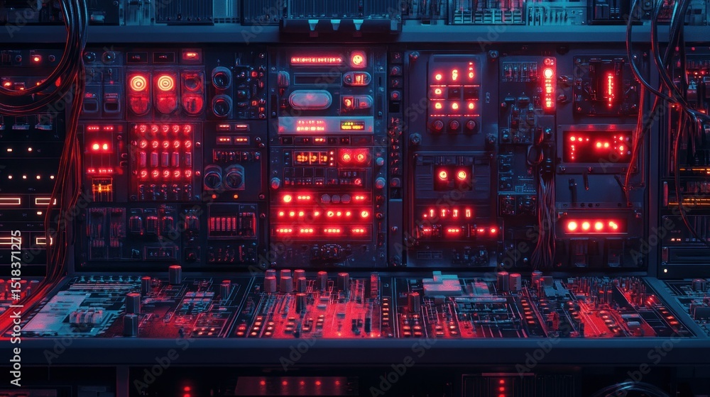 Poster the control panel with neon wires, digital circuits and connectors glows with high-tech energy, back