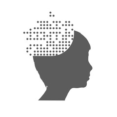 Boy, child face profile with pixels in his head. Concept of emotional intellect, digital addiction, detox.
