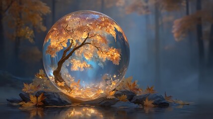 Autumn Tree in Glass Sphere with Fantasy Forest.