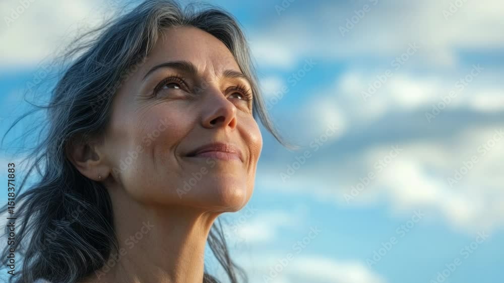 Poster a close-up portrait of a person with the sky visible in the background, great for use in travel or a