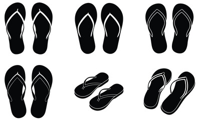 Pair of Flip-Flops Silhouette Vector Set – Casual Beach Sandals Illustration for Summer, Vacation, Poolside, and Relaxation-Themed Design Projects