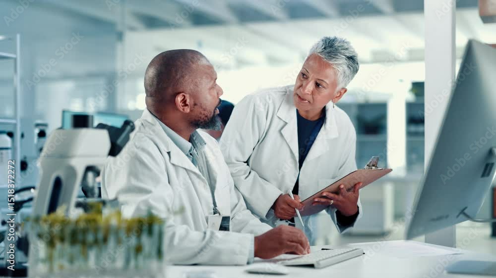 Poster scientist, people and pc with clipboard in lab for medical research, experiment and botany. team, on