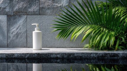 White Pump Bottle Dispenser Near Tropical Plants by Poolside Granite