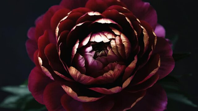 Dark peony flower close-up with rich colors and intricate details - Concept of Flower Rotation Close-Up  