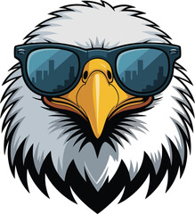 A bold illustration of an eagle's head wearing stylish sunglasses, combining elements of coolness and strength.