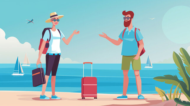 Tourists on vacation. Standing on the beach, relaxing by the sea. Blue ocean scenic view background. Holiday vacation season sea travel	
