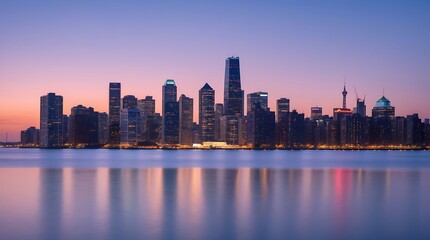 Fototapeta premium Stunning skyline of downtown Chicago at twilight over Lake Michigans calm waters