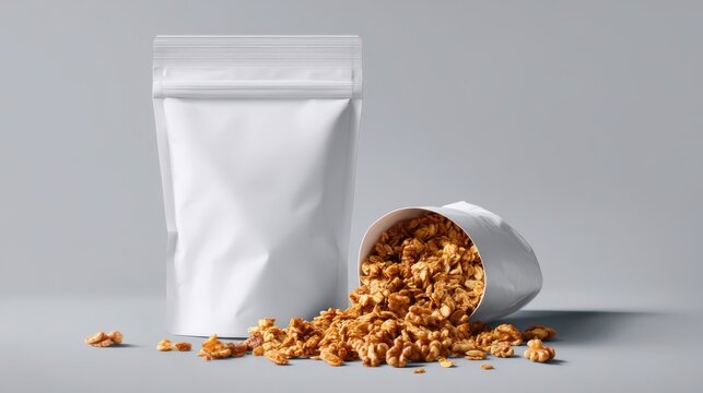 Granola pouring from a white bag and cup mockup for packaging design Healthy breakfast cereal product