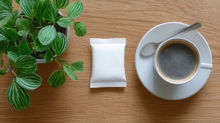 Relaxing Coffee Break A Cup of Coffee Plant and Sugar Packet on Wooden Table
