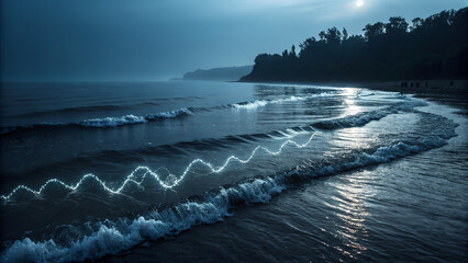 Glowing wavy light line on ocean waves at twilight beach